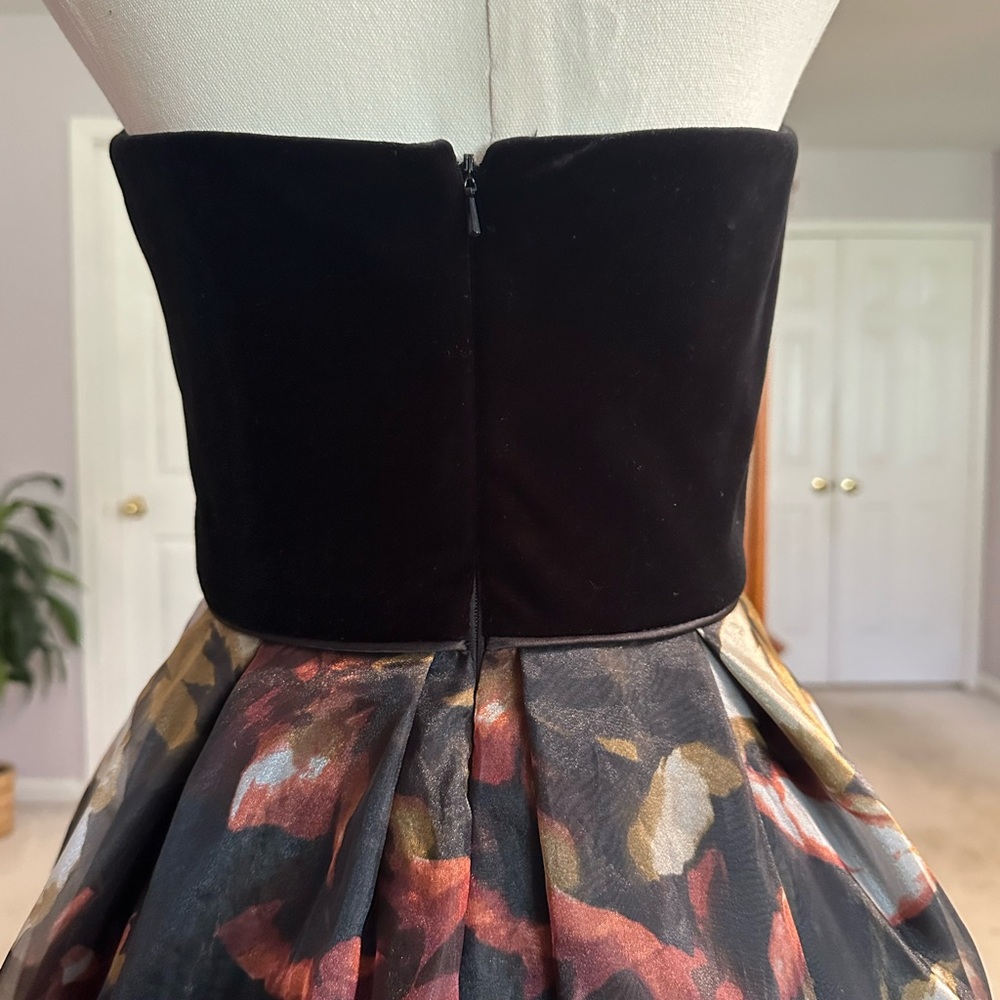 Betsy & Adam Black Velvet and Floral High-Low Gown, Size 4. - Picture 5 of 15